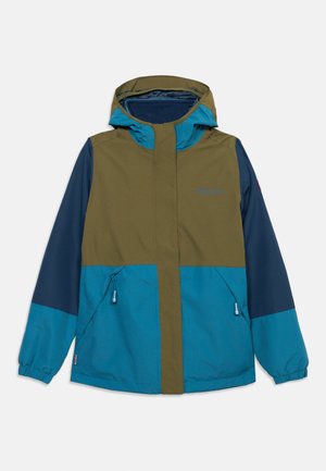 Kinder-Colorblock-Jacke mit Kapuze, olivgrüner Oberteil, türkisfarbener Unterteil, marineblaue Ärmel und Frontreißverschlusstaschen vor weißem Hintergrund.