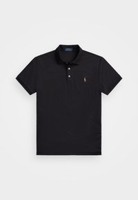 Polo noir à manches courtes avec col et deux boutons, avec petit logo brodé d’un joueur de polo sur la poitrine gauche.