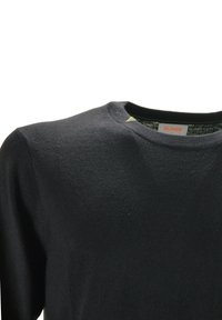 Maglione a girocollo grigio scuro con una trama a maglia fine, che mostra l'etichetta "SUN68" all'interno del collare.