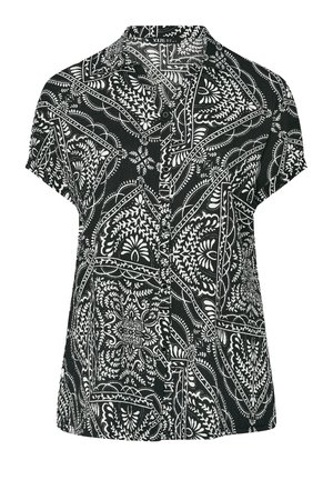 Camicia nera a maniche corte con bottoni, con un intricato motivo a paisley e floreale bianco su tutta la superficie.
