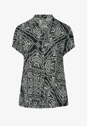 Schwarze kurzärmelige Button-Up-Hemd mit weißem aufwendigem Paisley- und Blumenmuster auf der gesamten Fläche.