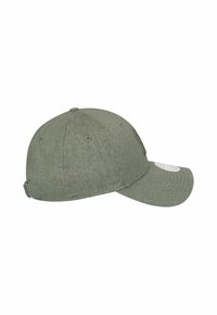 Green fabric baseball cap with a curved brim, textured surface, adjustable strap at the back, and logo detail on the side.