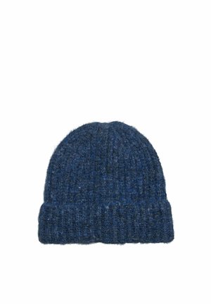 Bonnet en laine bleu tricoté avec bord replié, présenté à plat sur un fond blanc.