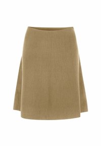 Beige A-linje kjol i ett strukturerat vävt tyg. Har en bred midjeband och en ren, odelad design.