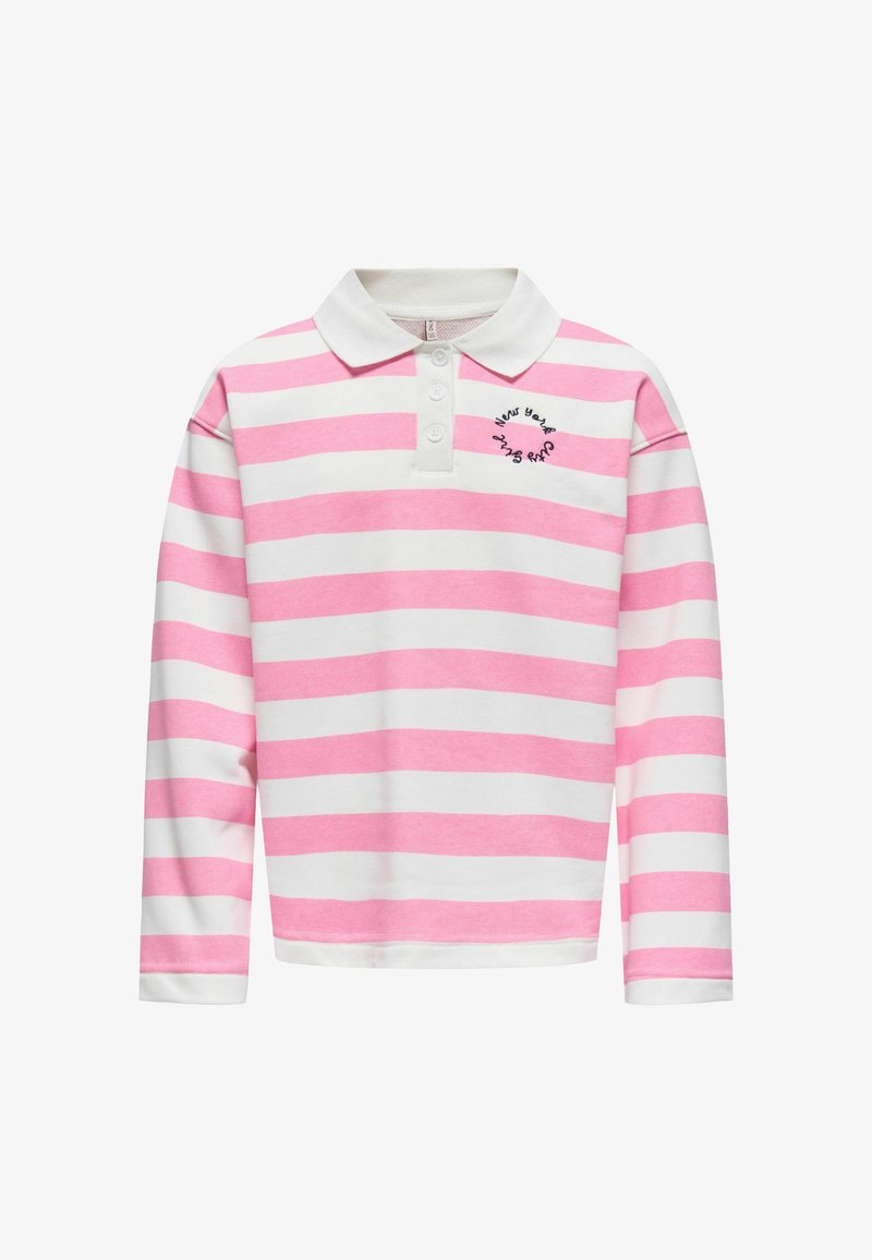 Pika varrukaga polo-särk roosade ja valgete horisontaalsete triipudega; klassikalise krae ja kolmeknupulise laguuga; kaunistatud tikandiga.