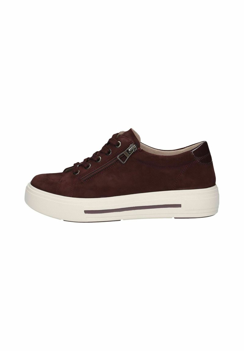 Burgundy suede sneaker with a white rubber sole, featuring a front lace-up design and a side zipper for easy access.