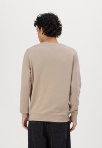 Beige, hosszú ujjú pulóver egyszerű, kerek nyakkivágással, bordás mandzsettákkal és szegéllyel. Sima textúra, laza illeszkedés, egyszínű kialakítás minta nélkül.