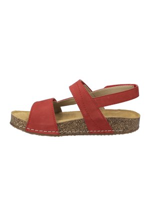 Rote Leder-Sandalen mit einer Korksohle. Sie verfügen über zwei breite Riemen, die über den Fuß verlaufen, und einen verstellbaren Riemen an der Rückseite. Weiche Innenauskleidung.