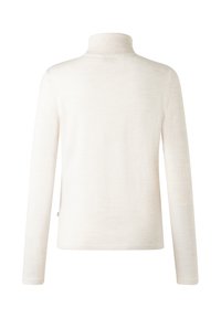 Cremefarbener Rollkragensweater mit langen Ärmeln, aus einem weichen, leichten Stoff gefertigt. Verfügt über einen gerippten Kragen und Bündchen. Glatte Textur.