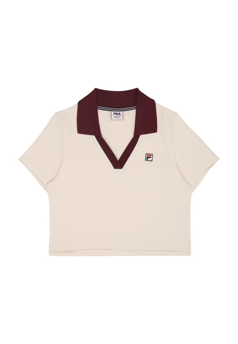 Maglietta polo color crema con colletto bordeaux, maniche corte e scollatura a V. Presenta un piccolo logo ricamato sul petto.