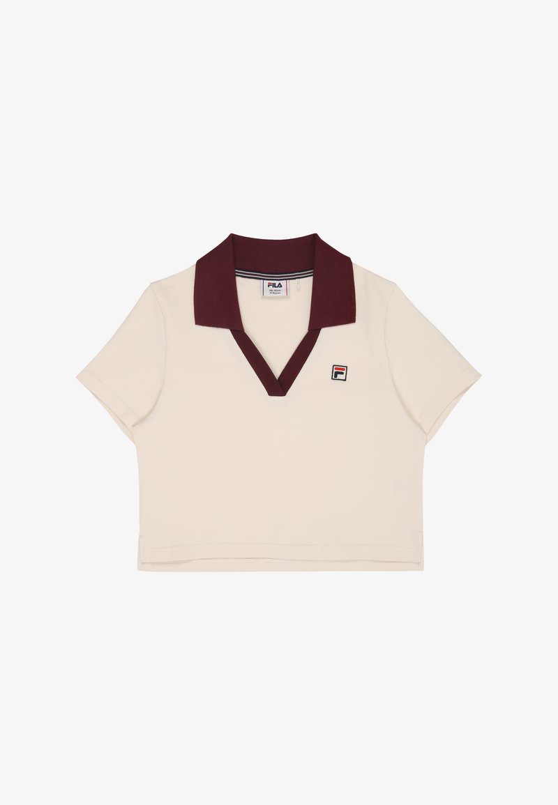 Krämfärgad polo skjorta med rödbrun krage, korta ärmar och v-ringning. Har en liten broderad logotyp på bröstet.