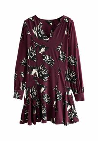 Bordo mekko pitkähihaisella, V-pääntiellä, jossa on mustavalkoinen kukkakuosi. Valmistettu pehmeästä kankaasta, hieman levenevä hameosa.