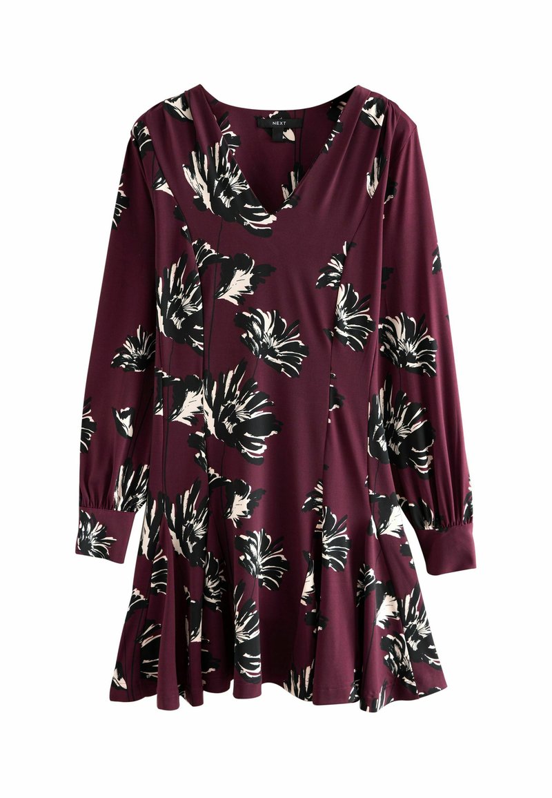 Bordo mekko pitkähihaisella, V-pääntiellä, jossa on mustavalkoinen kukkakuosi. Valmistettu pehmeästä kankaasta, hieman levenevä hameosa.