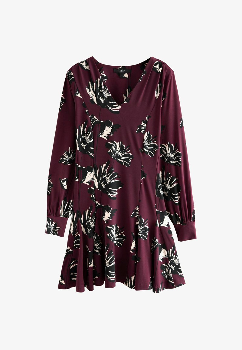 Bordo mekko pitkähihaisella, V-pääntiellä, jossa on mustavalkoinen kukkakuosi. Valmistettu pehmeästä kankaasta, hieman levenevä hameosa.