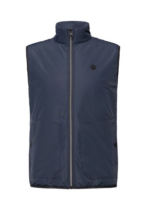 Veste sans manches bleu marine avec fermeture éclair à l'avant, col montant, deux grandes poches avant avec boutons pression, et un petit logo sur la poitrine.