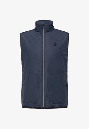 Veste sans manches bleu marine avec fermeture éclair à l'avant, col montant, deux grandes poches avant avec boutons pression, et un petit logo sur la poitrine.