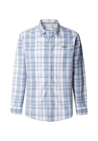 Pánská košile s dlouhým rukávem na knoflíky, modro-bílo-světle růžový károvaný vzor, s límečkem a logem Pepe Jeans na hrudi.