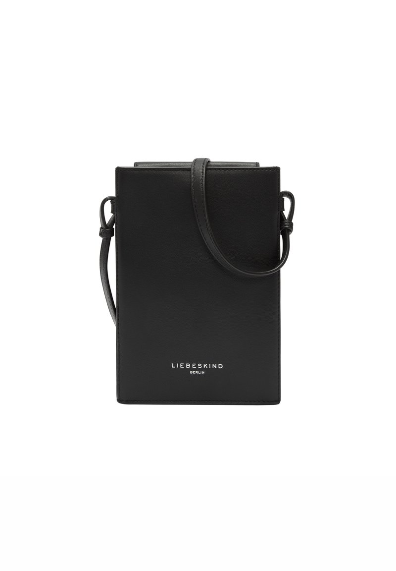 Black leather crossbody bag with a rectangular shape, featuring a shoulder strap and the brand name "LIEBESKIND BERLIN" embossed on the front.