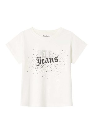 Witte T-shirt met korte mouwen met de tekst "Pepe Jeans" en verspreide kleine zwarte stippen aan de voorkant.