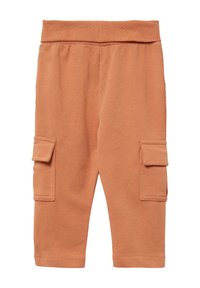 Katoenen cargobroek in een roestkleur met een elastische tailleband en twee zijzakken, met een gladde textuur en een aansluitend ontwerp.
