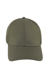 Gorra de béisbol verde oliva con visera plana, hecha de tejido texturizado, que cuenta con seis agujeros de ventilación y detalles cosidos. Logotipo bordado.
