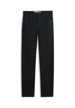 Zwarte denimbroek met een recht silhouet, vijf zakken, metalen knoopsluiting en subtiele stikdetails. Gladde textuur.