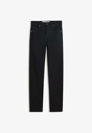 Schwarze Jeans mit geradem Bein, fünf Taschen, Metallknopfverschluss und dezenten Nähten. Glatte Textur.