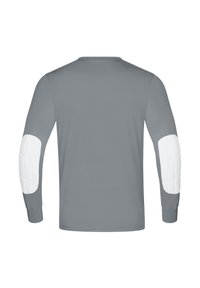 Grijze lange mouwen shirt van stof met witte gewatteerde elleboogaccenten, ronde halslijn en aansluitende manchetten. Gladde textuur met minimale designelementen.