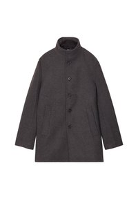 Cappotto in blend di lana, grigio scuro, colletto alto, chiusura con bottoni, due tasche frontali, silhouette dritta, texture liscia, design minimalista.