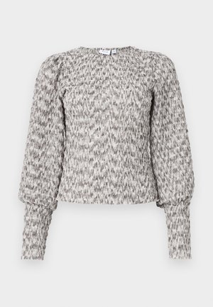 Bluzka z długim rękawem, zdobiona marszczeniami, z bufiastymi ramionami w teksturowanej szaro-białej tkaninie, z dopasowanymi mankietami i okrągłym dekoltem.