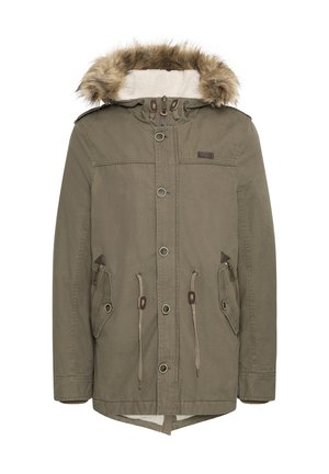 Olive green parka jacket with faux fur trim hood, front zipper, snap buttons, two side pockets, and drawstring waist. Lined interior.