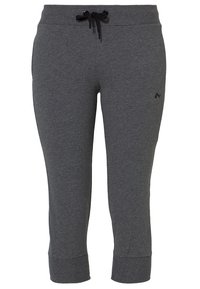 Pantalones de chándal grises de algodón con cintura elástica y cordón ajustable. Puños en los tobillos; cuenta con un pequeño detalle de logotipo en la parte delantera.