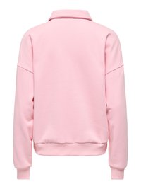 Sweatshirt rose pâle à manches longues avec poignets et ourlet côtelés, épaules tombantes et col replié, vue de dos.