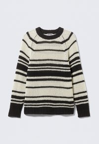 Maglione a righe nero e crema, con collo rotondo, tessuto testurizzato, polsini e orlo a coste, che presenta una vestibilità ampia e colori a contrasto.