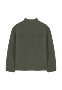 Pullover in pile verde scuro con corpo testurizzato e pannello superiore liscio. Caratteristiche: collo alto e polsini elastici per una vestibilità aderente.