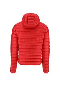 Giacca a vento rossa con trapuntatura orizzontale, cappuccio staccabile e polsini elasticizzati. Presenta una texture liscia e lucida. Viene mostrata la vista dal retro.