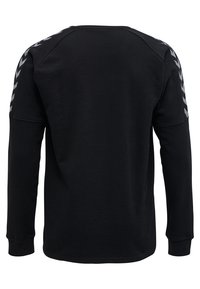 Svart långärmad sweatshirt med rund halsringning, med snedställda grå ränder på axlarna och ribbade muddar vid ärmarna.