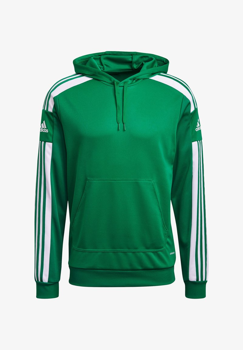 Sweat à capuche vert avec une poche kangourou, des bandes blanches le long des manches, et une capuche avec cordon de serrage. Confectionné en tissu doux et léger.