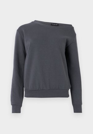 Šedá mikina vyrobená z mäkkého materiálu, s okrúhlym výstrihom, dlhými rukávmi a mierne skráteným lemom s rebrovanými manžetami a pásom.