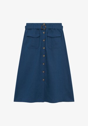 Tummansininen, polvimittainen hame, jossa on istuva vyötärö, vyölenkit ja pyöreä solki. Sisältää kaksi etutaskua ja keski-osa nappikiinnityksen.