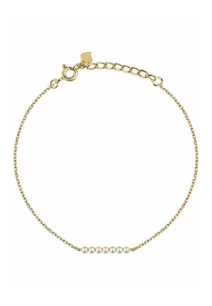 Delicate gold chain bracelet with seven small white pearls in a row and a round spring clasp with an extender chain.