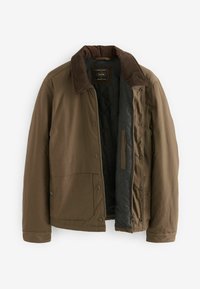 Veste marron pour homme avec col en velours côtelé foncé, fermeture à glissière et boutons-pression, doublure intérieure douce gris foncé.