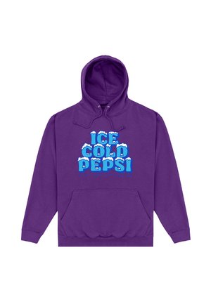 Purple hoodie with front pocket, featuring blue text "ICE COLD PEPSI" with ice caps and smaller text "CRISP AND REFRESHING."