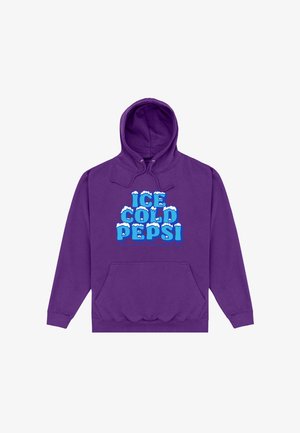 Fialová mikina s přední kapsou, s modrým nápisem "ICE COLD PEPSI" doplněným o ledovce a menším textem "CRISP AND REFRESHING."