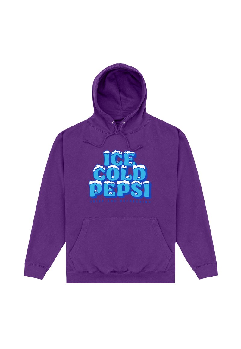 Felpa viola con tasca frontale, caratterizzata da un testo blu "ICE COLD PEPSI" con i ghiacciai e un testo più piccolo "CRISP AND REFRESHING."