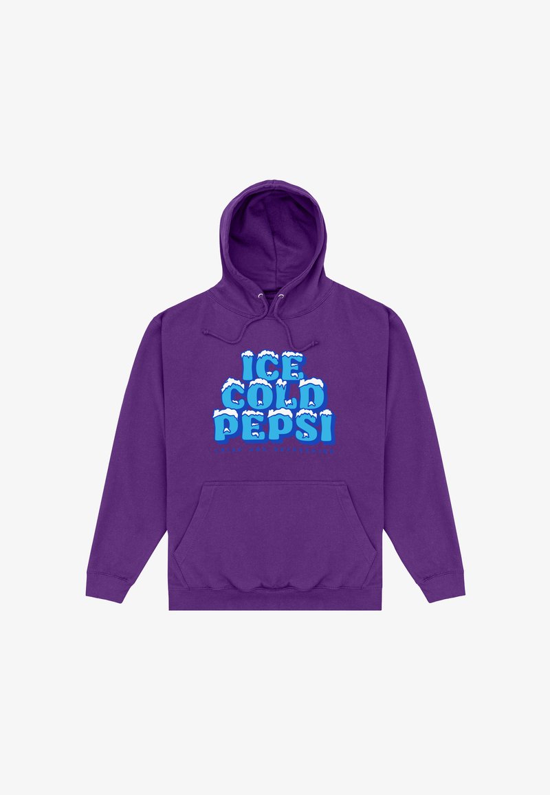 Lilla hoodie med forlommer, med blå tekst "ICE COLD PEPSI" samt isskaller og mindre tekst "CRISP AND REFRESHING."