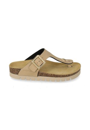 Beige teenslipper met gevoerde voetbed, tussenzool met kurkstructuur, geribbelde rubberen buitenzool en verstelbare riem met een decoratieve vierkante gesp.