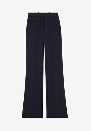 Pantaloni a gamba larga blu navy con tasche applicate davanti e dietro, passanti per cintura e vita alta.