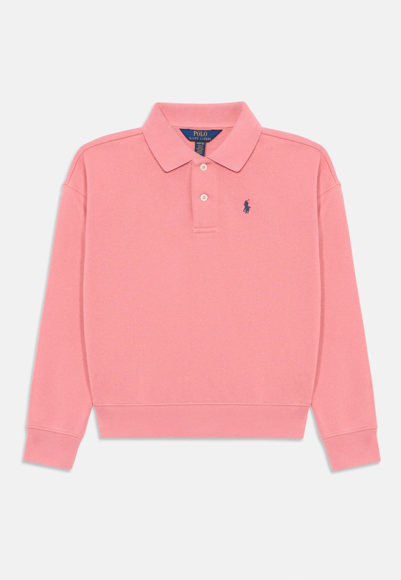 Polo majica z dolgimi rokavi v svetlo roza bombažu, s klasičnim ovratnikom, trojnim gumbom in mornarsko modrim logotipom na levi strani prsnega dela.