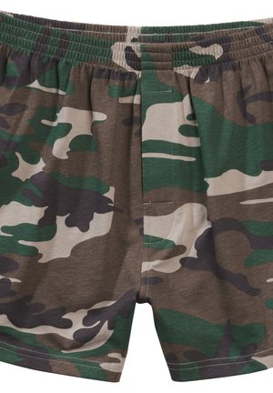 Bóxers con patrón de camuflaje, hechos de algodón suave, que presentan colores verde, marrón y beige, con cinturilla elástica y costuras cosidas.